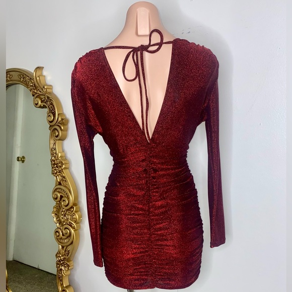 Olivia-  Red Deep V-Neck Glitter Bodycon Ruched Mini Dress - Picture 2 of 3
